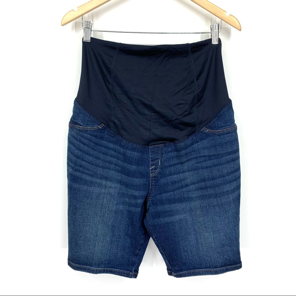 Isabel Maternity Medium Dark Wash Bermuda Jean Shorts With Crossover Panel Nwot